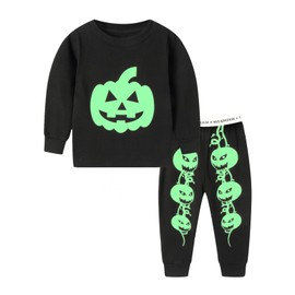 LSMUDKINGDOM Children's Pajamas, Luminous Pajamas, Boys, Luminous Halloween, Costume, Cosplay, Long Sleeve, Room Wear Set, Children's Clothing, Black