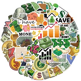 Cute Money Stickers Bulk, 50PCS Dollar Coin Symbol Vinyl Waterproof Stickers for Water Bottle, Laptop, Scrapbook, Dollar Coin Aesthetic Math Decals, Love Money Party Supplies