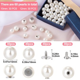 Nuorest 60 Sets Pearl Brooch Buttons, No Sew Buttons, Pearls Rivets Studs Buttons, Pearls Screw Studs Buttons for Shirt Coat Dress, for Women Girls (10mm/12mm)