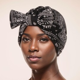 Turban Bows for Women, Cashew Bow Head Wraps Silky Lined Sleeping Cap Hair Turban Durag Skull Sleep Cap Nightcap Bow Beanies (Black)