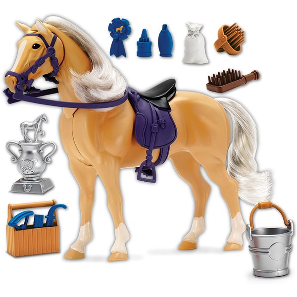 Palomino Horse with Moveable Head, Realistic Sound and 14 Grooming Accessories - Blue Ribbon Champions Deluxe Toy Horses