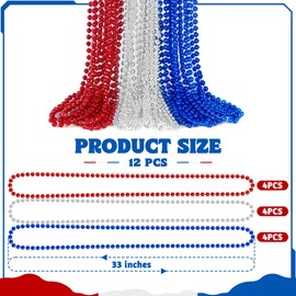 Huskein 12 PCS 4th of July Beads Necklaces, 33" Red Silver Blue Beaded Necklaces Bulk, Patriotic Round Beads, Independence Day Parade Suppliesfor Fourth of July Party Accessories Decorations Favors