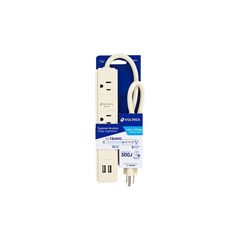Volteck MUL-340U, Multicontacto 3 entradas, supresor, 300 joules, 2 puertos