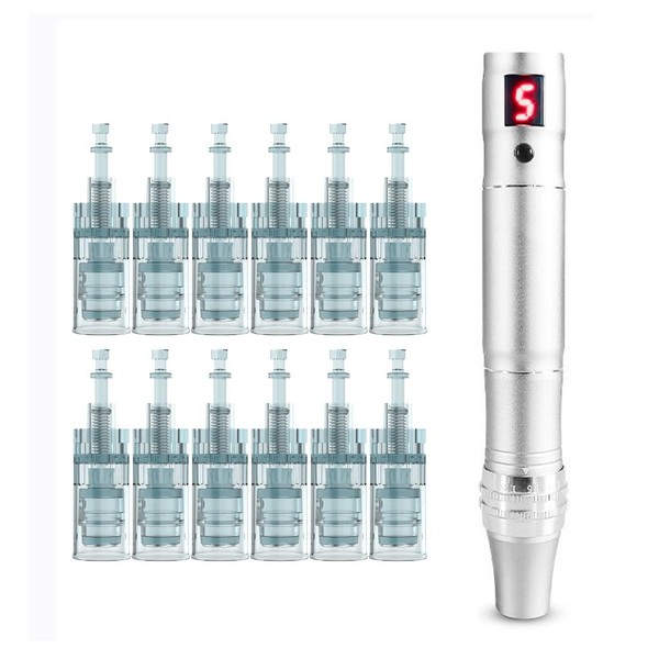 Microneedle Pen with 12 Replacement Heads, 6 Adjustable Levels, Skin