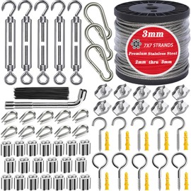 Roxanned 1/8" Stainless Steel Cable,100ft Wire Rope Kit Turnbuckles for Cables Wire, 7x7 Strand Core 3/32" Overmolded to 1/8" Metal Cable for Outdoor Hanging Kit,Garden Fence,Decor, Plant Hanger