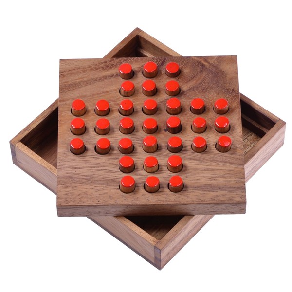 LOGOPLAY Solitario - gioco di slot - gioco di pensiero - gioco di indovinelli - gioco di pazienza - gioco di logica in legno, Tappi rossi, scatola di legno marrone, 111 x 113 x 33 mm (Grande)