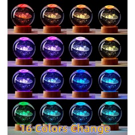 Solar System Crystal Ball Night Light, 3.15 Inch 3D Galaxy Crystal Lamp with LED Wooden Base, 16 Colors Change with Remote Control, Gift Box Packing, Solar System Model Gifts Ideas (Solar System)