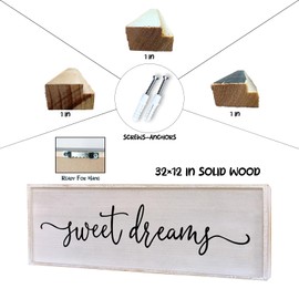 Surfapans Sweet Dreams Wall Decor Above Bed 32"x12" ofr Master Bedroom Guest Room Wood Rustic Framed Wall Art Sign (White)