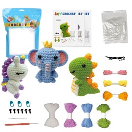 GZBZTZ Beginner Crochet kit, Simple Yarn Crochet kit with Step-by-Step Video Tutorial, Hook, Yarn Crochet and Accessories -3in1 Animal Crochet kit (Unicorn, Elephant, Dinosaur)