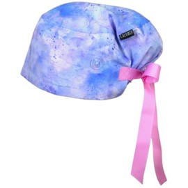 CALOMED Scrub Cap for Women, Euro Style Scrub Caps, Working Hat, Head Cover with Ribbons and Buttons, Long or Short Hair (Purple Clouds)