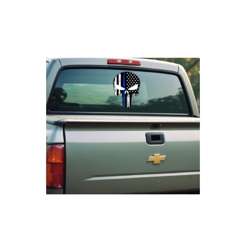 Skull Thin Blue Line Stickers Tattered Subdued US American Flag