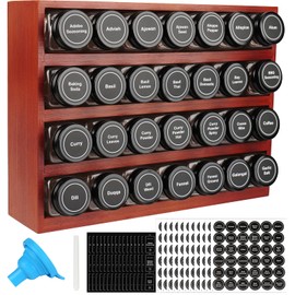Bamboo Spice Rack Organizer with 28 Spice Jars, 780 Labels, 4 Tier Wood Hanging Shelf, Chalk Marker and Funnel Set for Drawer Cabinet Kitchen Countertop Wall Mount, Empty 4 oz Glass Jars-Cherry Stain