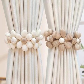 Hummcqit 2PCS Flower Curtain Straps Buckleable Curtain Accessories Curtain Tiebacks, Curtain Ties Boho Curtain Tiebacks for Drapes for Indoor Outdoor Drapes Decor (Beige,Three Flower)