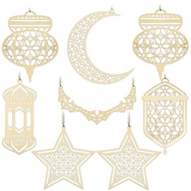 Ramadan Decorative Wood, 8 Wooden Pendants for Ramadan, Ramadan Wooden Table Decoration, Ramadan Hollow Decoration, Moon Star Lantern Shape Pendant Ornament for Ramadan Mubarak Eid Decorations