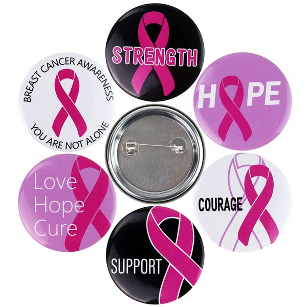 sticro 30 Pieces Breast Cancer Awareness Buttons Pink Ribbon Round Buttons in 6 Various Design Pinback Buttons for Charity Recognition, Public Event, Fundraiser, Survivor Campaign, Marathon
