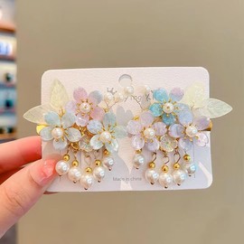 HAIRUO Chinese Style Hair Clip Period Hair Accessories,Flower Pearl Fringe Cute Hair Clip Girls Hanfu Headwear Accessories,Green