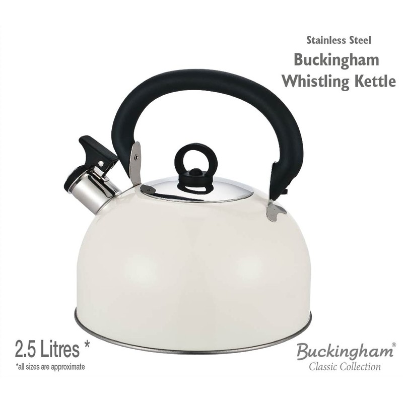 Buckingham Colour Coated Stainless Steel Retro Whistling Kettle Cream, 2.5