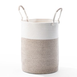 KODOMOORE Laundry Basket Hamper – Woven Cotton Rope Nursery Hamper for Toys, Clothes, Blankets, Yoga Mat – Boho Basket for Living Room, Bedroom – 16”D x 22”H – White & Beige Brown