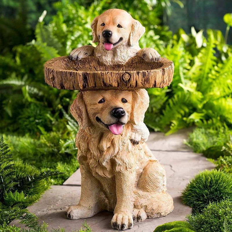 Resin Bird Bath Statue Puppy Tree Ornaments Bird Feeder for