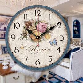 SWHONG Floral Shabby Chic Wall Clock - Retro Wooden Clocks Silent Living Room Bedroom Kitchen Home Decor 12 Inch Grey
