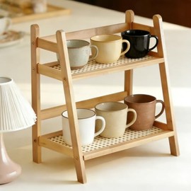 Cup Rack 2-Tier Bamboo Cup Holder, Standing Coffee Station Organiser | 44 x 18 x 28 cm Matcha Station Shelf, Coffee Shelf Kitchen Countertop, Coffee Rack for Home, Kitchen, Office