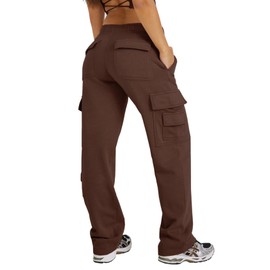 Waitfairy Womens Cargo Joggers Casual Baggy High Waisted Sweatpants Fleece Straight Leg Sweat Pants with Pocket Coffee S