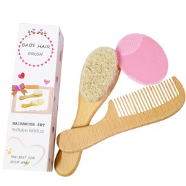 Molylove 3PCS Baby Hair Brush with Wooden Handle and Comb Set for Newborns & Toddlers | Natural Soft Goat Bristles l Wood comb l Pink Silicone Brush| Ideal for Cradle Cap