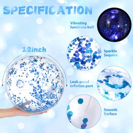 Vertintong 12 Pack 12 Inch Glow in The Dark LED Beach Ball Jumbo Confetti Glitters Inflatable Ball Swimming Pool for Party Pool Summer(Blue)