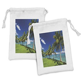Lunarable Samoa Fabric Pouch Set of 2, Tropical Paradise Outdoor Scene with Coast Exotic Trees and Grassy Land Photo, Small Drawstring Bag for Toiletries Masks and Favors, 9" x 6", Multicolor
