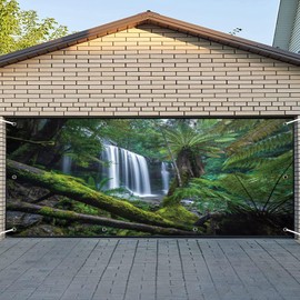 CSFOTO 7x16ft Forest Falls Garage Door Decoration Banner Tropical Forest Woodland Green Plants Trees Garage Decoration Mural Large Garage Door Cover Natural Landscape Interior Decoration Wallpaper