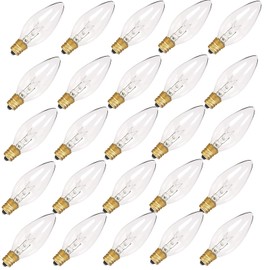 Jasneniebo 25PK Christmas Window Candle Light Bulbs C26 Incandescent Torpedo Candelabra Bulbs 7 Watt Clear, E12 Base Bulbs for Chandelier Night Light Electric Window Candle