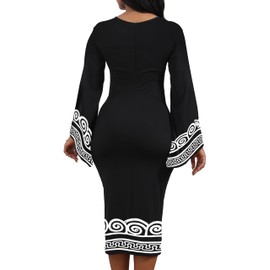 Oxgmoky Women's African Print Dress Church Dresses Work Business Bodycon Sleeve Round Neck Black White Pencil Dresses