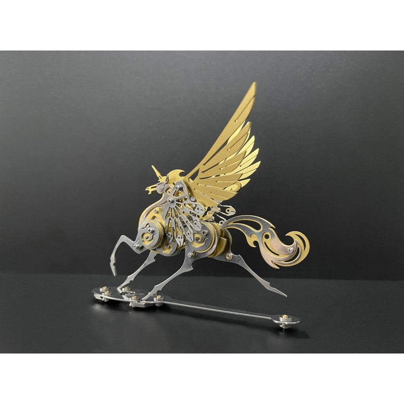Decorative Metal Pegasus Unicorn Sculpture, Gold and Silver, Steampunk Style