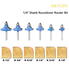 Akylin 6Pcs Round Over Router Bits 1/4 Inch Shank, Roundover Router Bit Set with Ball Bearing Guiding , Radius 1/8", 3/16", 1/4",5/16",3/4",1/2"