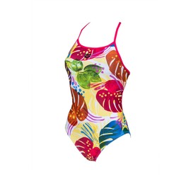 Arena Women's Standard Print Accelerate Back MaxLife One Piece Athletic Training Swimsuit, Tropics Freak Rose, 28
