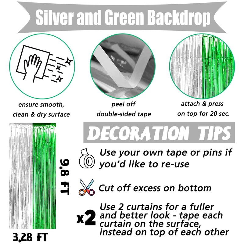 4 Pack 3.2Ft x 9.8Ft Silver Green Fringe Curtain Backdrop,
