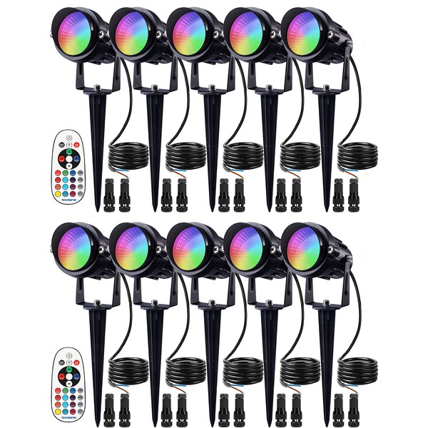 SUNVIE 12W Low Voltage Landscape Lighting RGB Color Changing LED Landscape Lights Remote Control Waterproof Spotlight Garden Patio Spotlight Decorative Lamp for Outdoor Indoor(10 Pack with Connector)