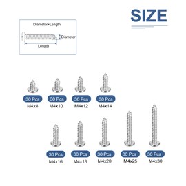 DTGN 304 Stainless Steel Self-Tapping Screws Pan Head Sheet Metal Screws Assortments Hardware Kit,Washed Silver(Size:M4x8-M4x30-270pcs)