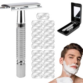 XINTM Rastrillos para Afeitar Hombre Clasico, Rastrillo para Navaja de Doble Filo, Rastrillo Hombre Acero Noxidable, Navajas para Afeitar Doble Filo con 21 Cuchillas y Caja de Afeitar con Espejo