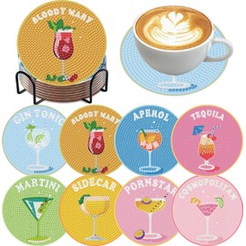 8 Pcs Cocktail Diamond Art Coasters Kits for Adult, Retro Cocktail Diamond Painting Coasters Kits with Holder, DIY Round Non Slip Mosaic Coaster Crafts Kits for Tabletop Protection and Gifts