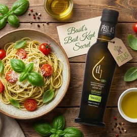 Pellas Nature, Organic Basil Infused Greek Extra Virgin Olive Oil, Finishing oil, Gold Award Winner, Kosher, 8.5 oz. Bottle