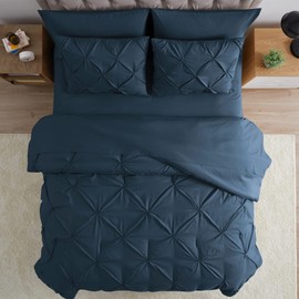 BOURINA Comforter Sets 8 Pieces - Pleat Quilted Soft Warm Oversized Microfiber Luxury Comforter Set,Navy Queen (88x88inch)