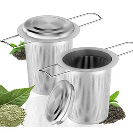 HiTeax Pack of 2 Tea Strainer for Loose Tea, Ideal for Soaking and Brewing. Fine Mesh 304 Stainless Steel Tea Strainer with Lid and Sturdy Folding Handles. Rustproof Tea Strainer for Cup Pots