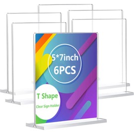 ZOUZJUN Acrylic Sign Holder Double Stands Ad Frames Clear Flyer Display Stand for Office Home Restaurant, Display Sign Stand for Store Sign Holders, Vendor Booth Display Items Vertical (6 Pack-5" X 7"Inch-Vertical(T-Shape))
