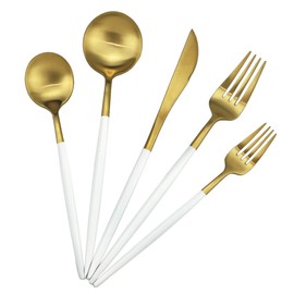 White Handle Matte Gold Silverware Set,Gugrida 5-Piece 18/10 Stainless Steel Satin Finish Flatware Set,Kitchen Utensil Set,Tableware Travel Cutlery Set for Camping Office Lunch, Dishwasher Safe