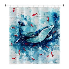 SDOTPMT 122 x 183 cm Blue Whale Shower Curtain Underwater World Tropical Fish Ocean Animal Bath Curtain R Wood Plank Bathroom Curtain for Bathroom Decor with Hooks