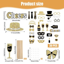 dinghaole 30 Pcs Party Photo Booth Props, Birthday Party Photo Props, Moustache Lipstick Tie Glasses Crowns Party Supplies, Funny Photo Booth Props for Birthday Weddings Party Supplies Funny (Golden)
