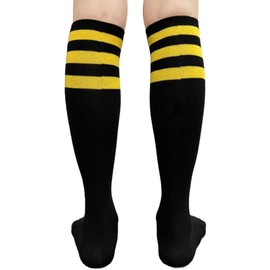 COUVER Triple Yellow Stripes Black Striped Knee High Fashion Casual Tube Cotton Socks, 9-11, 1 Pair