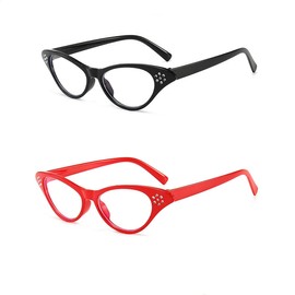 Beetoo Cat Eye Glasses, 2PCS Cat Eye Rhinestone Glasses, Womens Cat Eye Rhinestone Glasses(Red,Black)