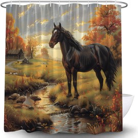 LAEDCIITI Horse Shower Curtain Fall Rustic Wildlife Animal Autumn Vintage Outdoor Brown Horse Forest River Western Country Retro Farmhouse Fabric Bathroom Curtain Set with Hook